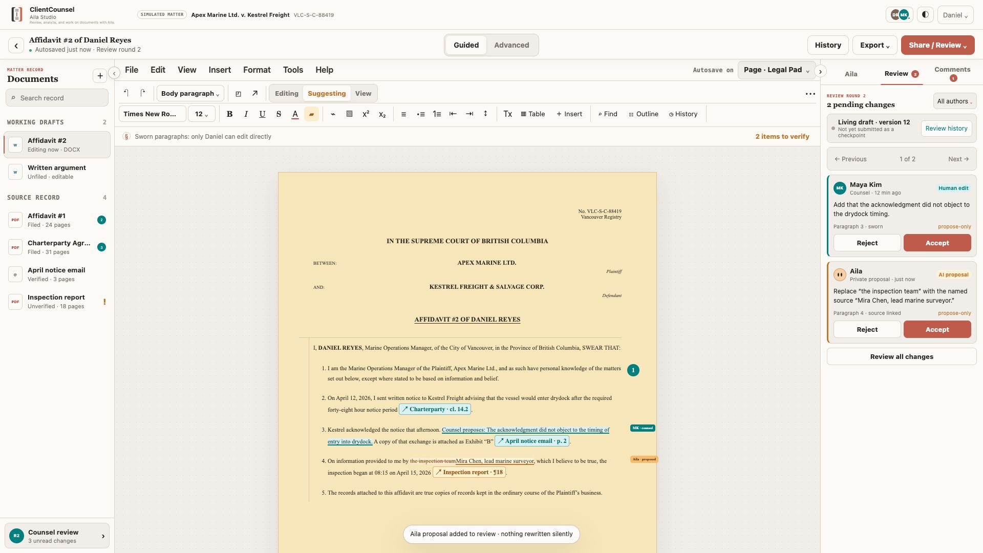 Aila Studio: source documents beside the draft, with separate Accept and Reject controls.