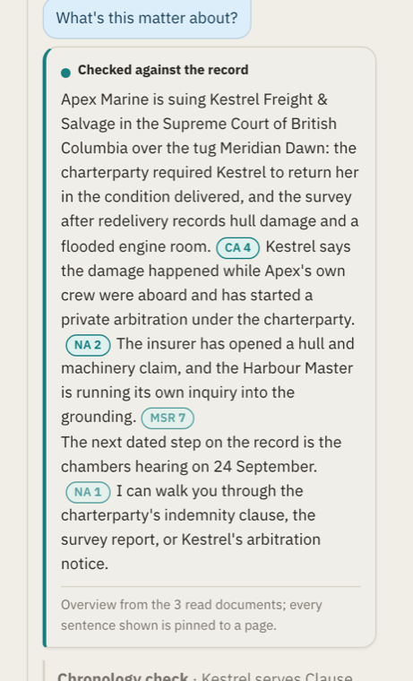 Aila answering alongside the record, each passage shown with its source.